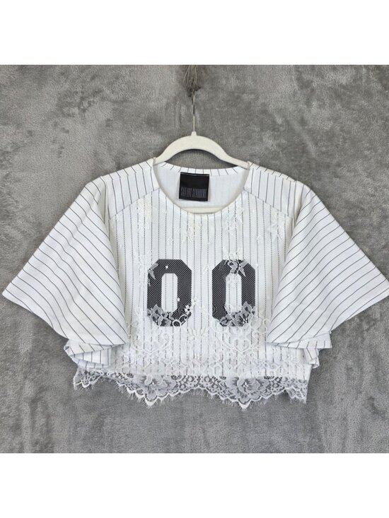 Savant Syndrome Tops - Savant Syndrome T-Shirt Womens L White Stripe Lace 00 Kimono Sleeve Cropped